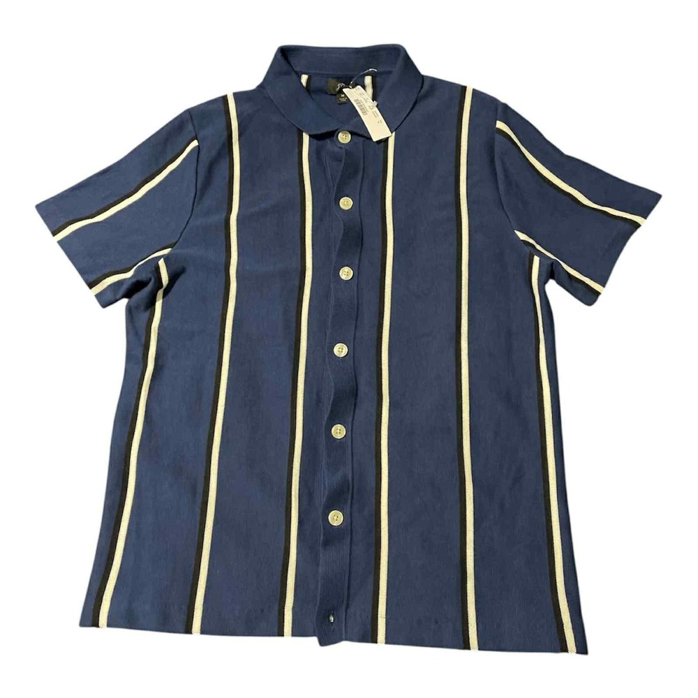 J.Crew Shirt Mens Medium Blue Vertical‎ Stripe Knit Button Front Camp Collar